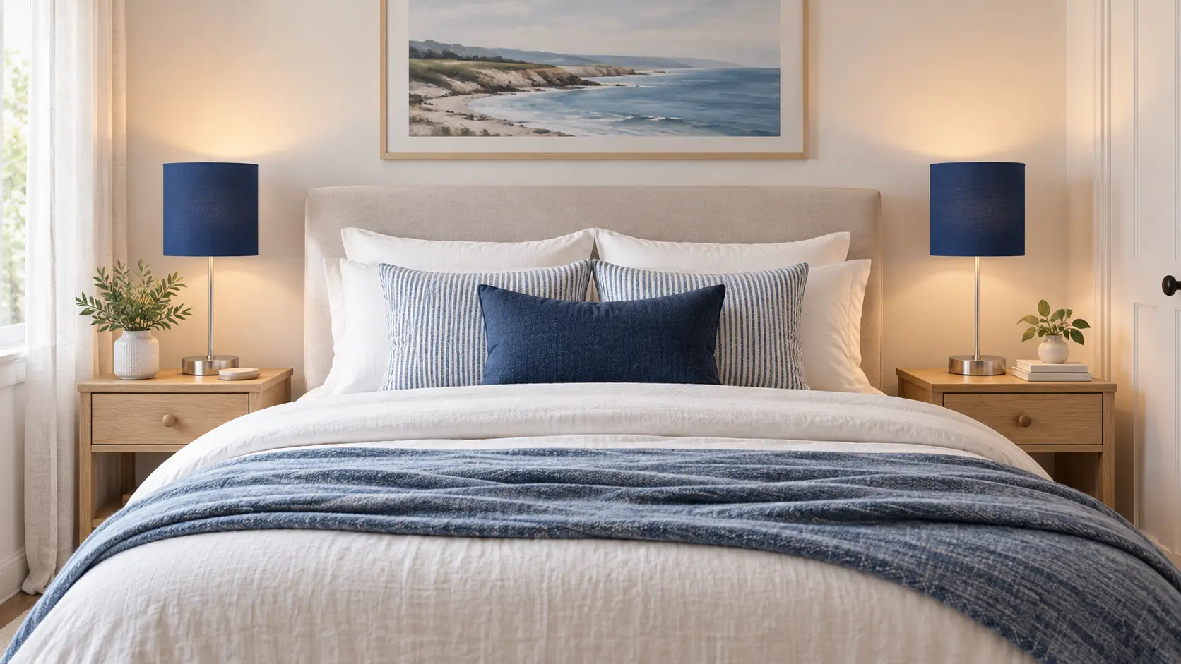 Pair of slim lamps with navy drum shades on light oak nightstands either side of a bed with white linen, striped pillows and a blue throw