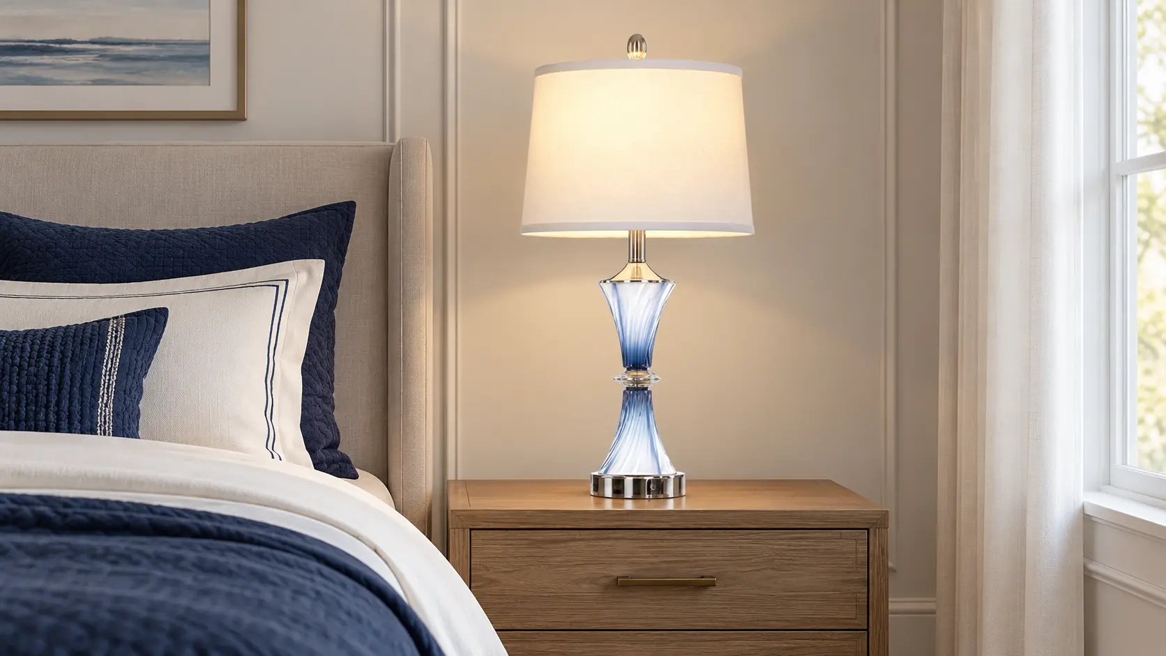 Tall lamp with a twisted blue-and-white glass base and white shade on a wood nightstand beside a bed with navy and white bedding