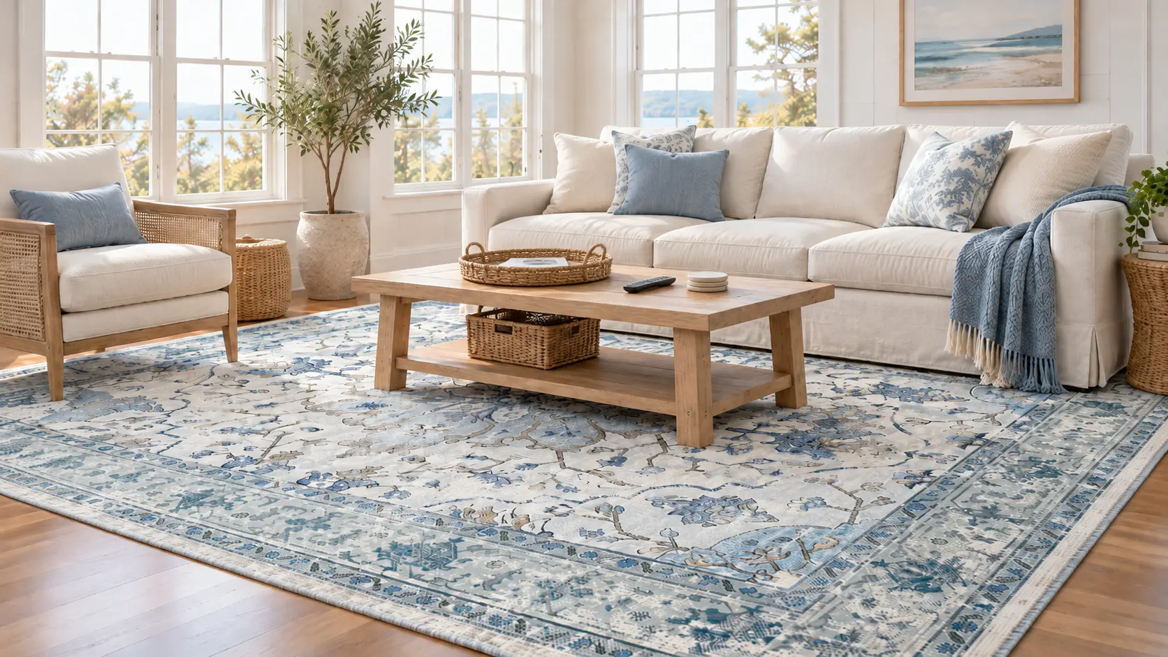 Blue, white and gray floral vintage-style rug under a wood coffee table in a sunny coastal living room with a white slipcovered sofa