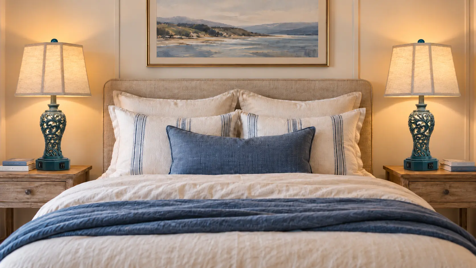 Pair of lamps with ornate blue filigree bases and linen shades on rustic wood nightstands either side of a bed with striped pillows and a blue throw