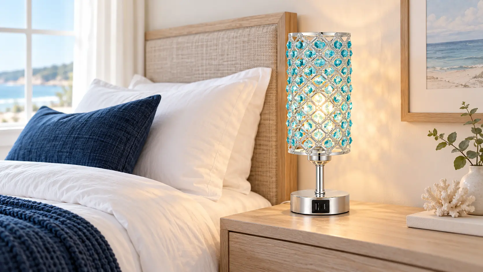 Small chrome bedside lamp with a blue crystal-style shade glowing on a light wood nightstand next to a bed with white pillows and a navy cushion