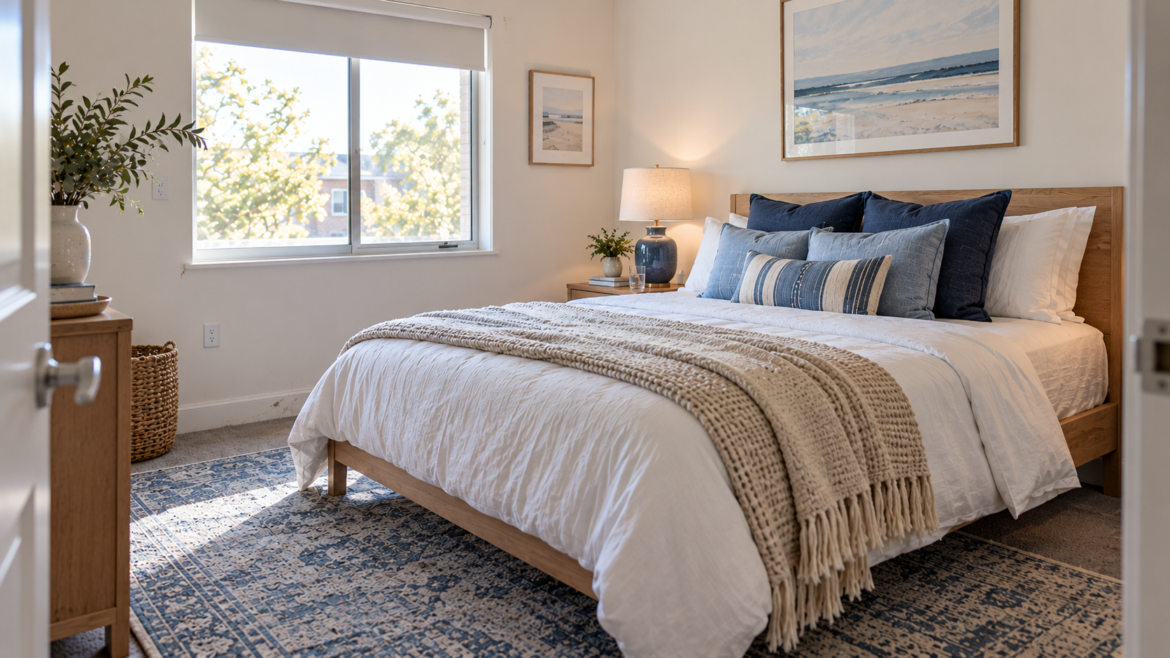 Renter-friendly coastal bedroom with blue and white bedding, a plug-in table lamp, light wood furniture and a blue rug.