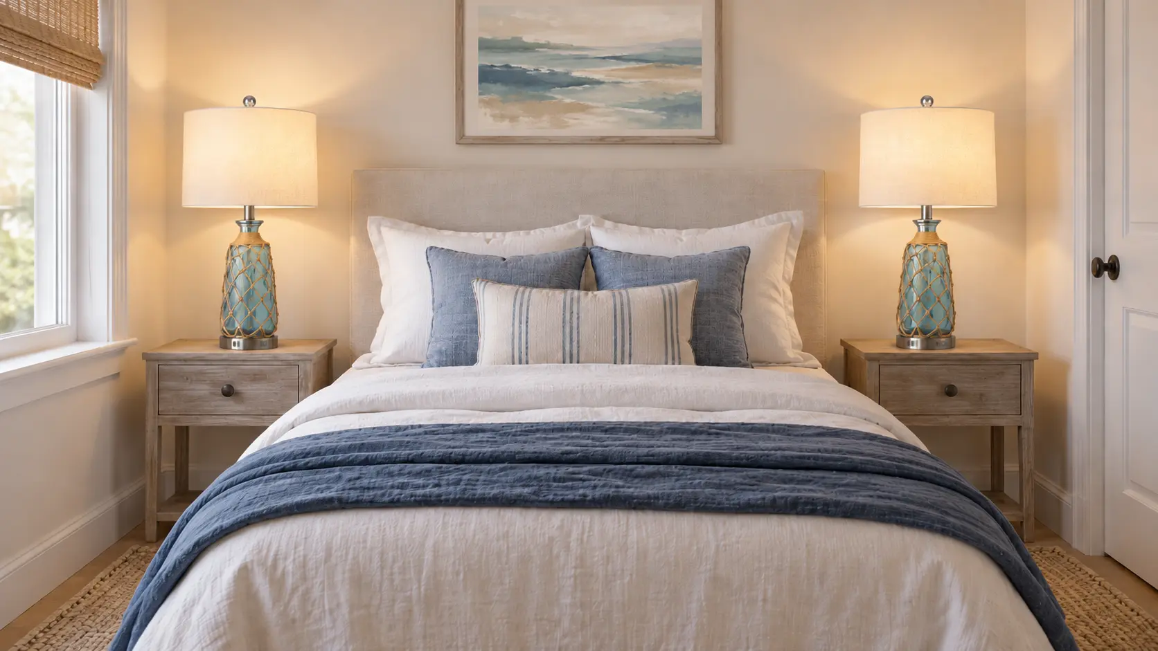 Pair of blue-green glass lamps wrapped in rope netting with white shades on weathered wood nightstands either side of a bed with a navy throw