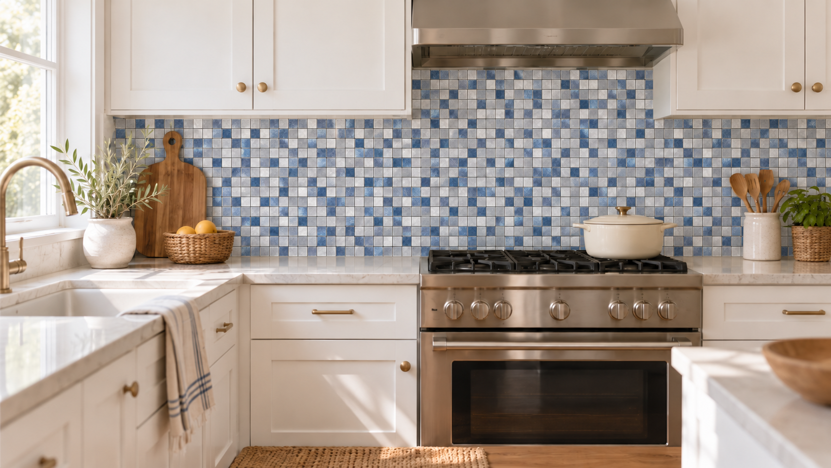 Blue, grey and white square mosaic backsplash behind a stainless steel range in a white kitchen with brass hardware