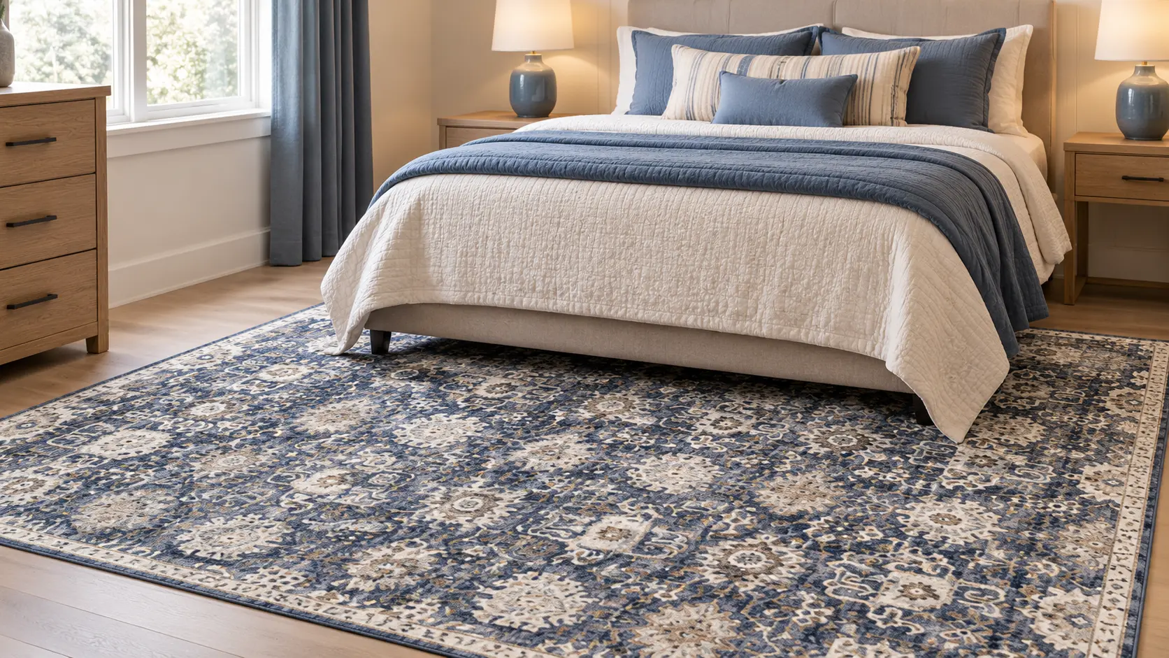 Blue, cream and brown all-over vintage-pattern rug under a bed with ivory and blue bedding in a bedroom with wood furniture