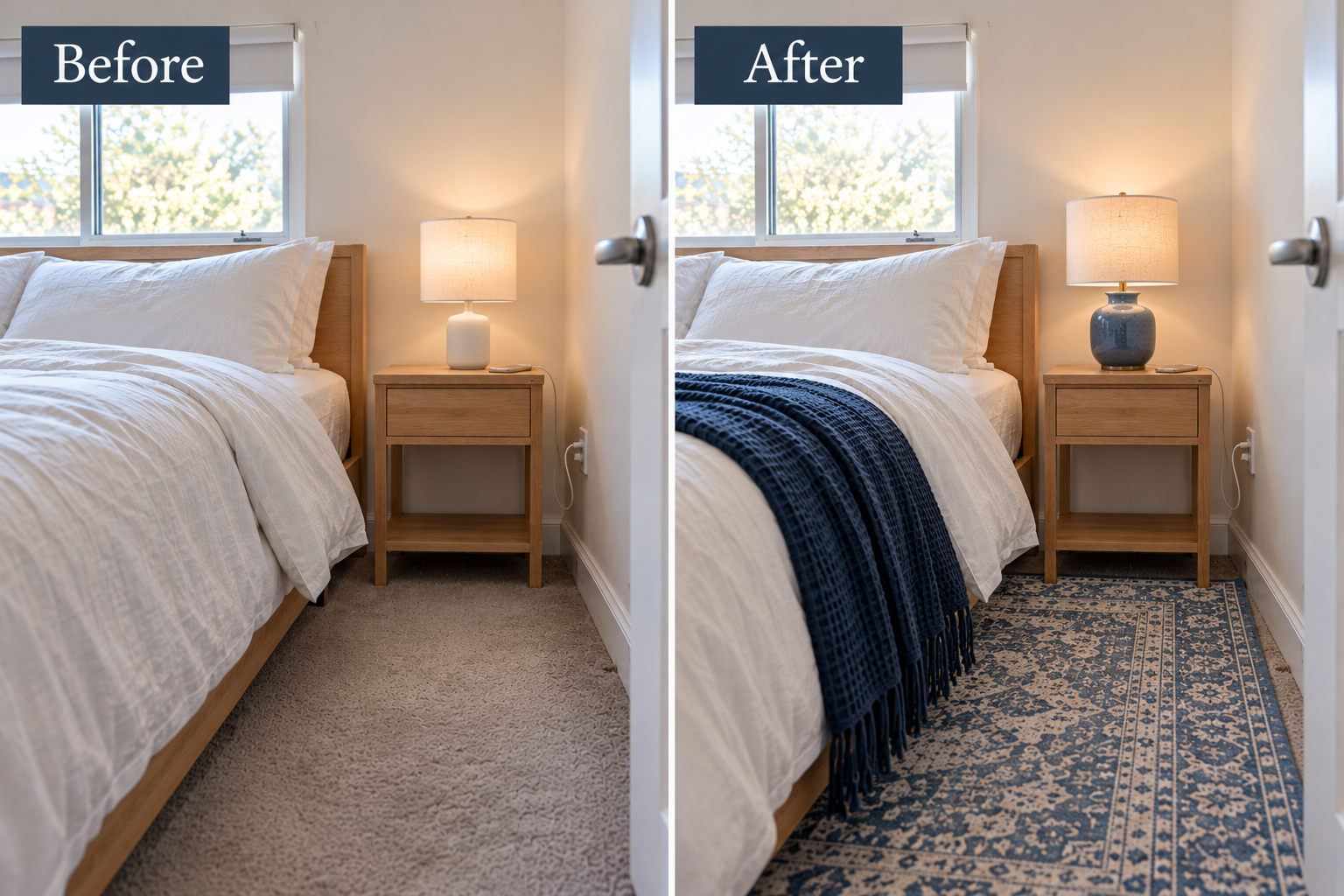 Before and after of a rental bedside corner: a plain lamp on bare carpet, then a blue ceramic lamp and washable blue rug.