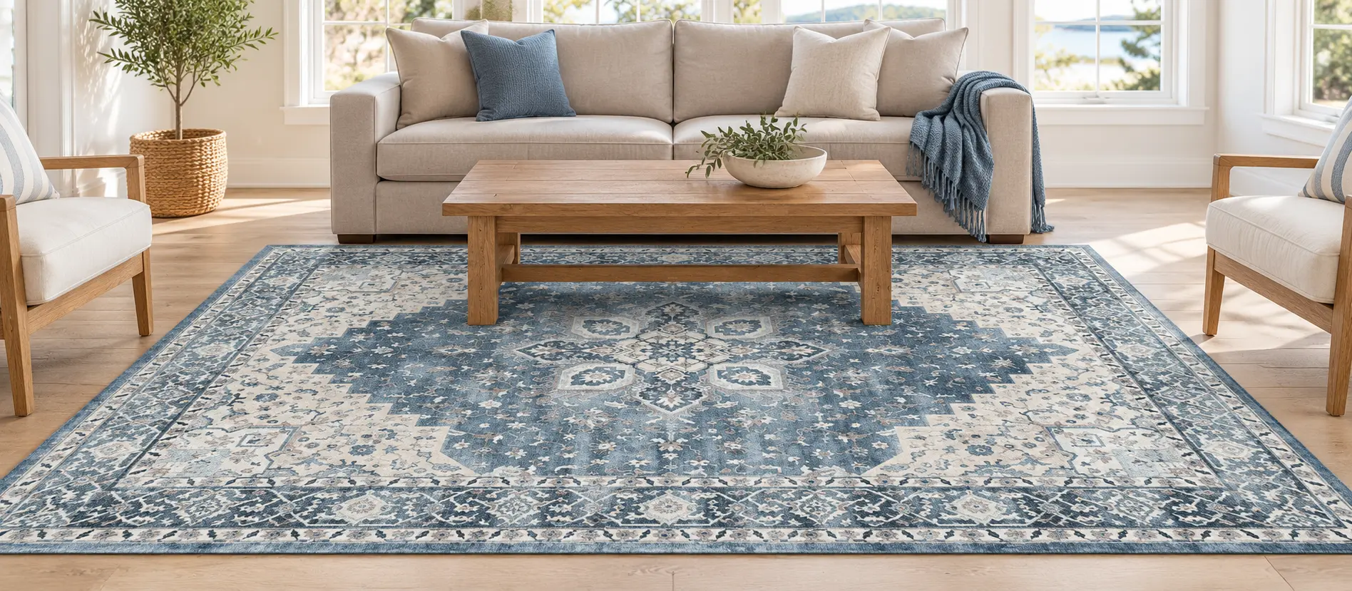 Blue and ivory medallion rug under a wood coffee table in a bright living room with a beige sofa, two wood armchairs and water views