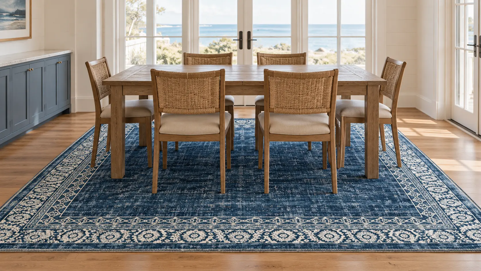 Navy rug with a cream patterned border under a wood dining table and woven-back chairs in a dining room with ocean-view doors