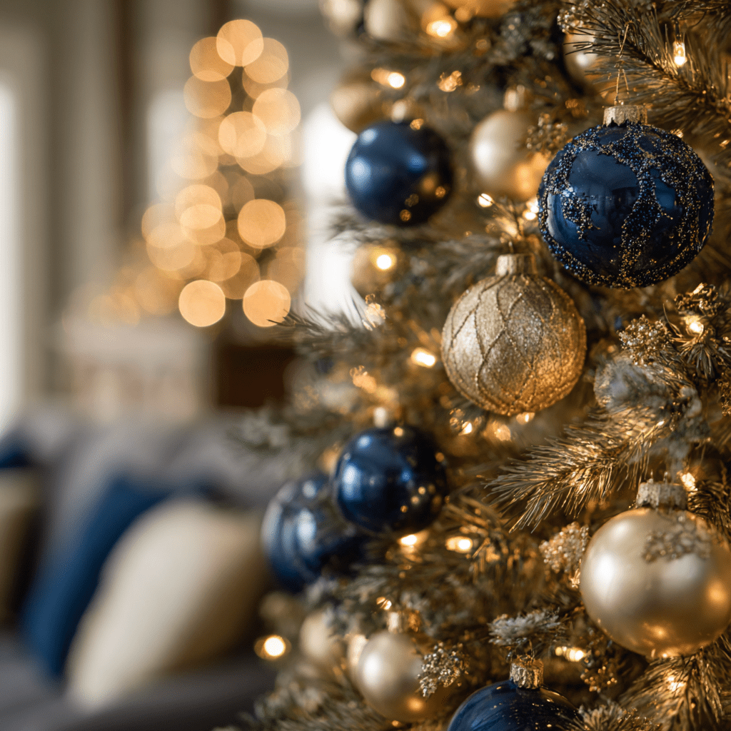 Navy blue and gold ornaments glowing on a Christmas tree