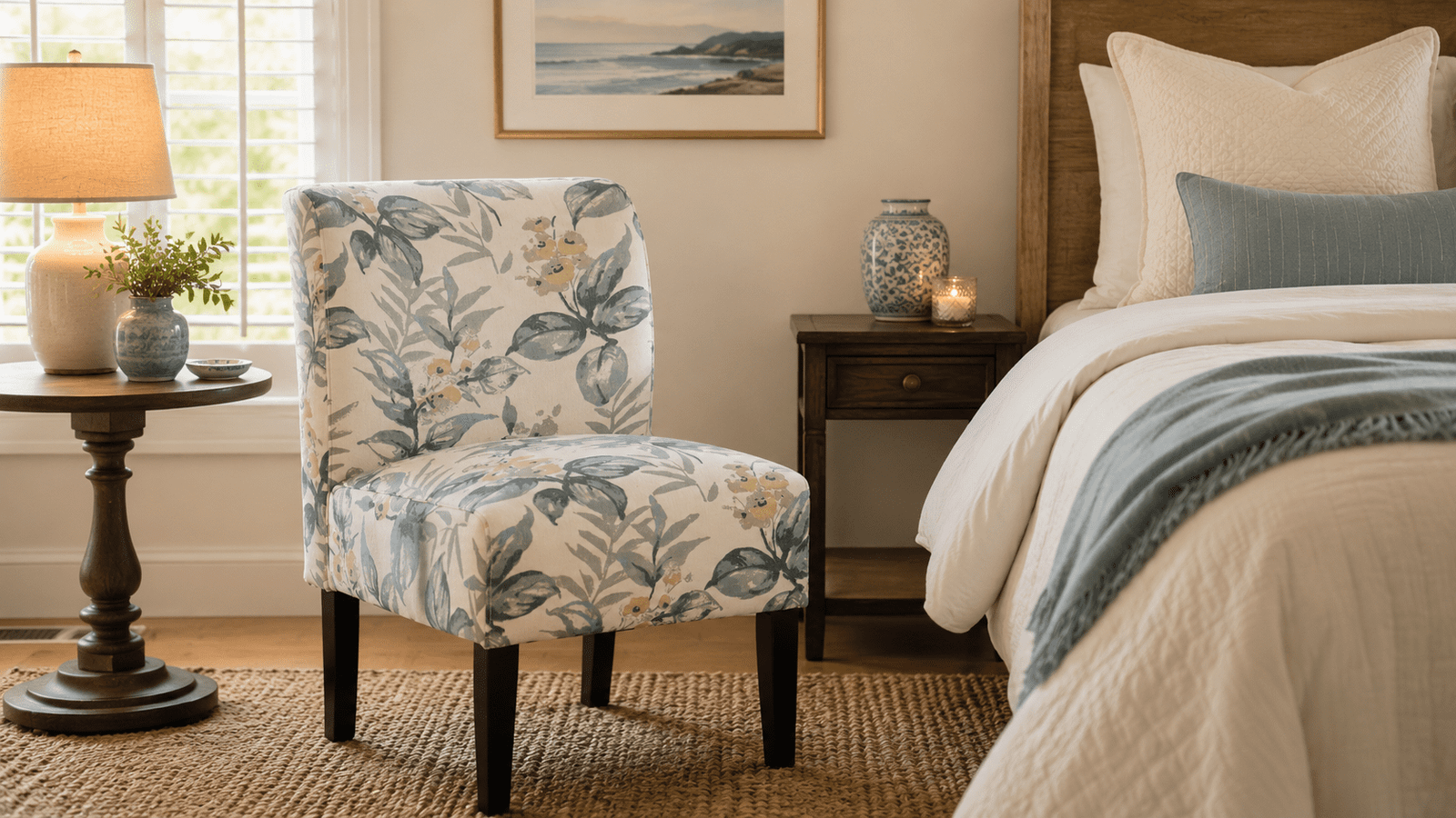 blue accent chair coastal vignette