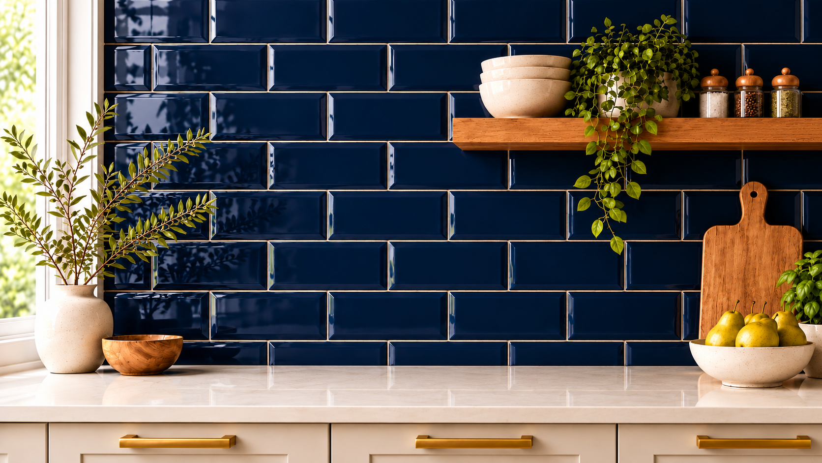 Glossy navy blue subway tile backsplash in a staggered brick layout behind a white countertop in a sunlit kitchen, with cream cabinets, brass handles, a wooden floating shelf and a window on the left