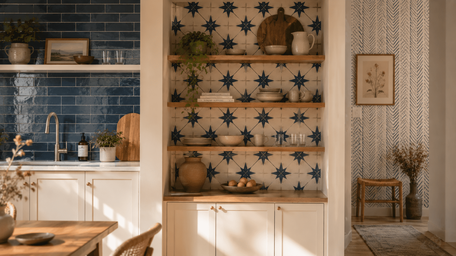 A rustic kitchen and entry nook with blue peel and stick backsplash tiles
