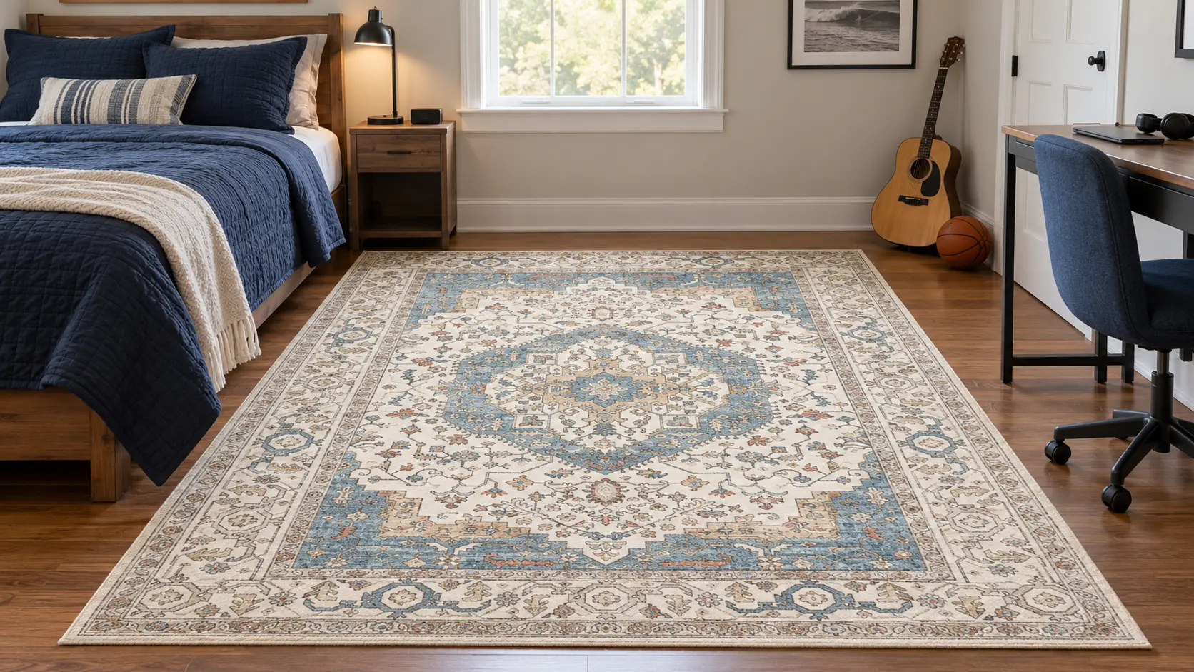 Ivory, soft blue and beige medallion rug on a wood floor in a teen bedroom with navy bedding, a desk chair and a guitar