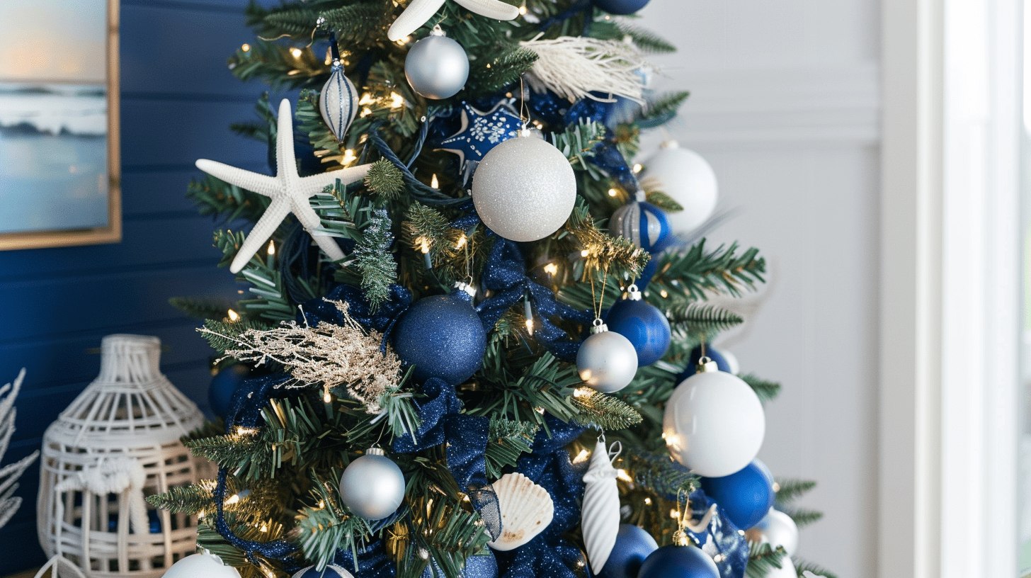 blue coastal christmas tree ornament layering
