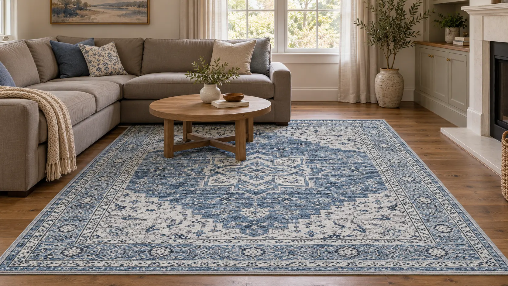 Blue and ivory rug with a large central medallion in front of a taupe L-shaped sofa and round wood coffee table in a living room