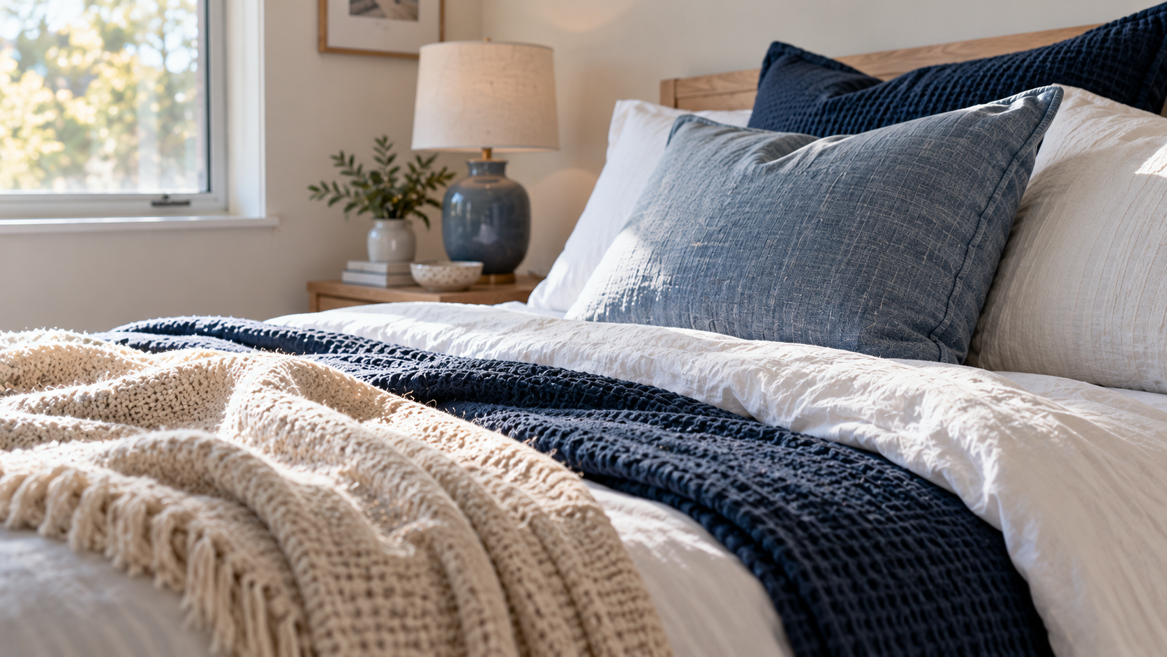 Blue and white coastal bedroom bedding layered with navy, dusty blue and warm neutral texture.