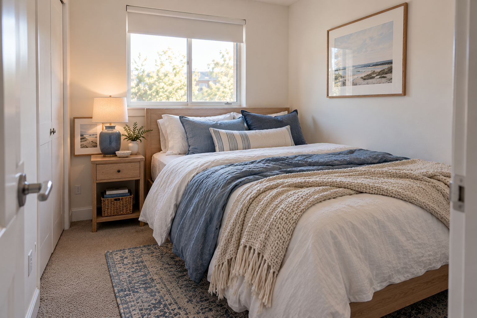 Small renter-friendly coastal bedroom with blue and white bedding, light wood furniture, a plug-in lamp and practical floor space.