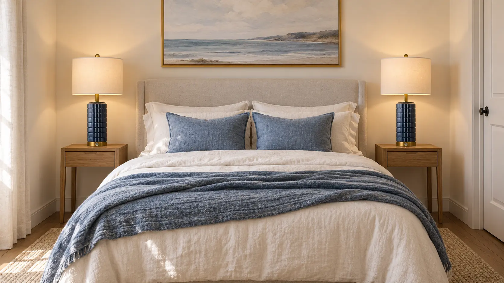 Pair of dark blue ribbed ceramic lamps with gold bases and white shades on oak nightstands either side of a bed with ivory linen and a blue throw