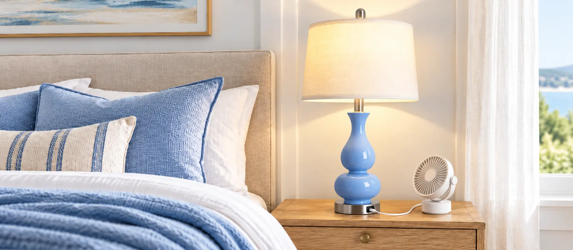 Light blue gourd table lamp with a white shade on an oak nightstand, charging a small desk fan by USB beside a bed with blue and white pillows