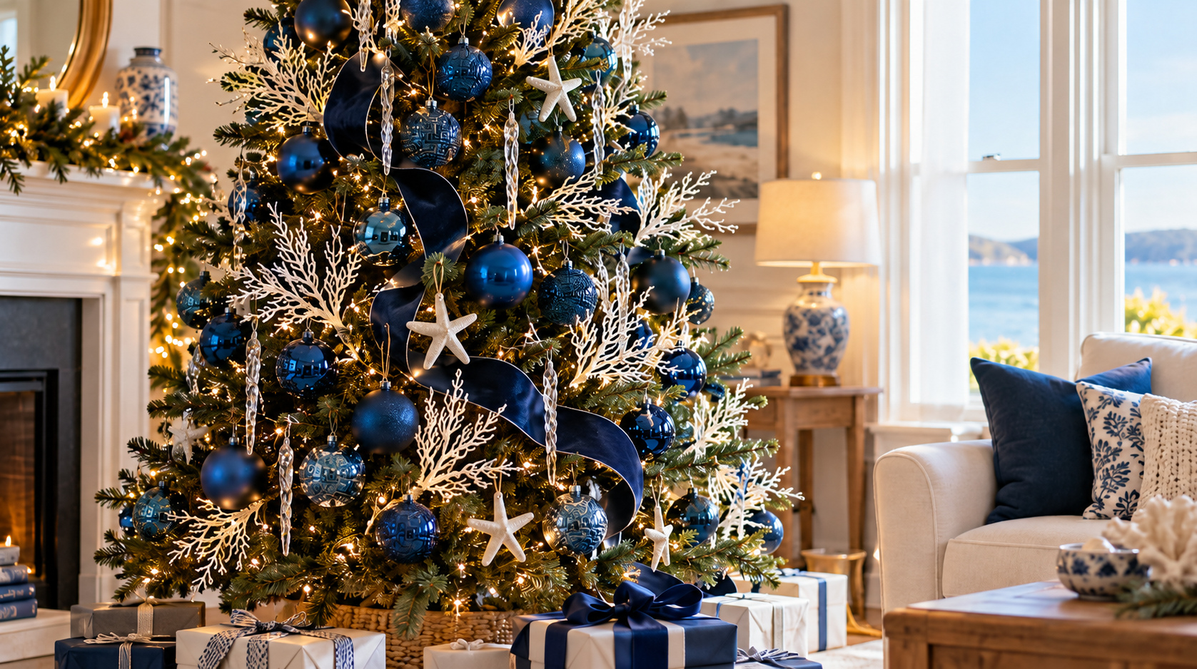 Modern coastal Christmas tree with matte and glossy navy ornaments, velvet ribbon, white branches, glass icicles and white starfish