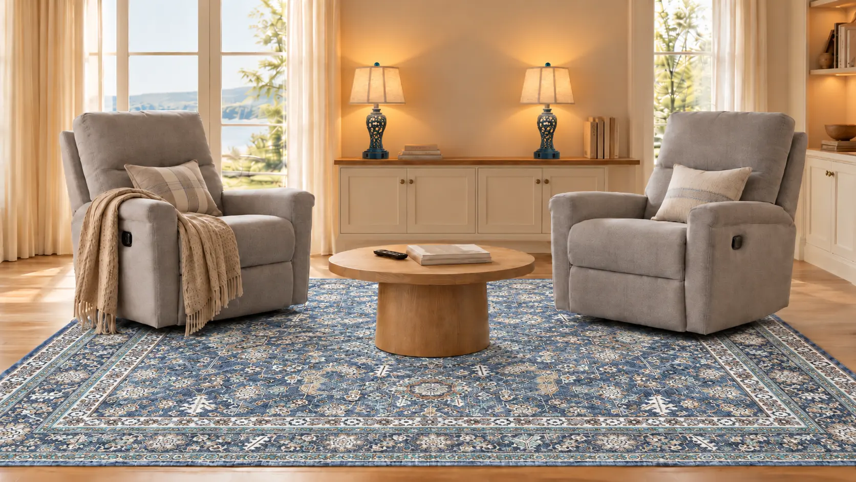 Deep blue distressed vintage-style rug with a patterned border between two gray recliners and a round wood coffee table in a warm lounge