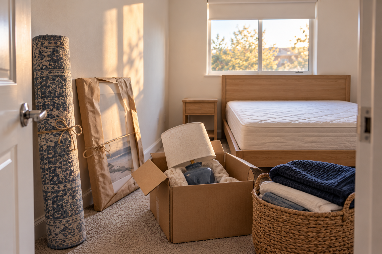 Portable coastal bedroom decor packed for moving, including a rolled blue rug, lamp, framed art and blue and white textiles.