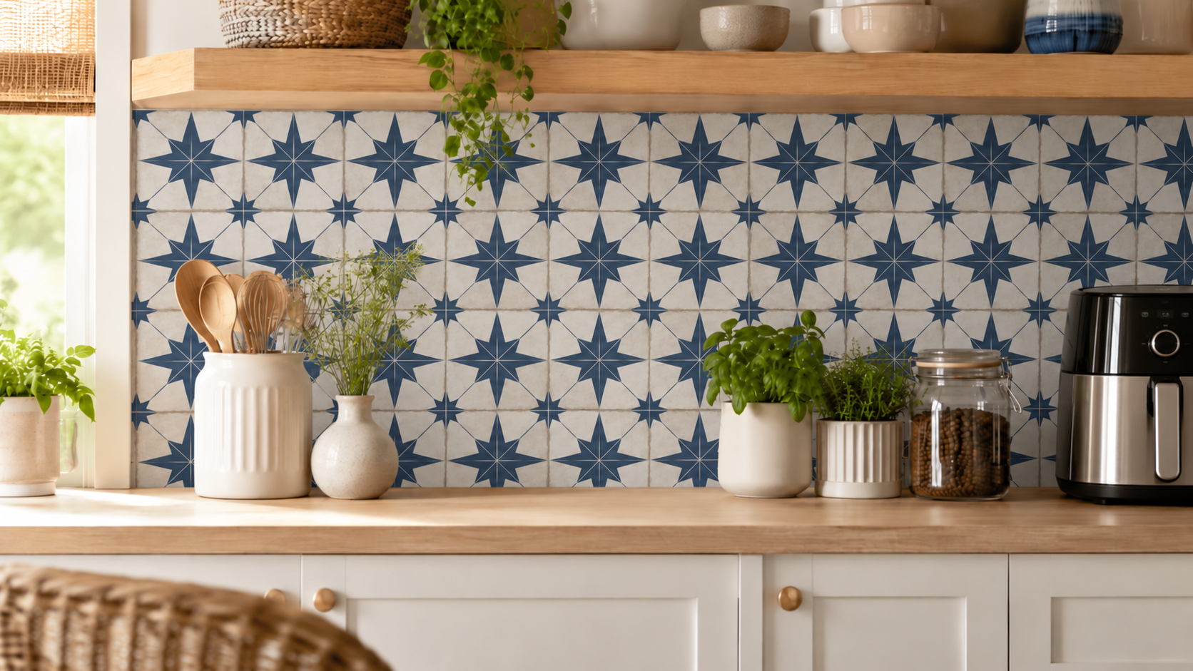 Navy and cream star-pattern tile backsplash beneath a wooden open shelf, with potted herbs and a utensil crock on a wood countertop