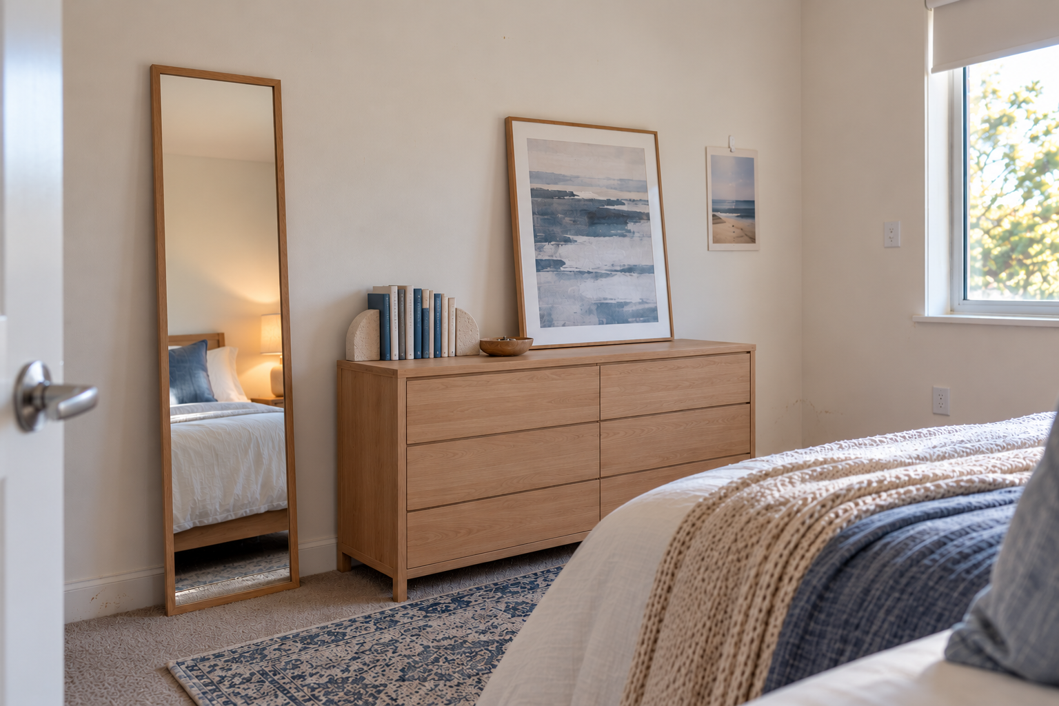 Renter-friendly coastal bedroom wall decor with a leaning mirror and simple blue artwork beside light wood furniture.
