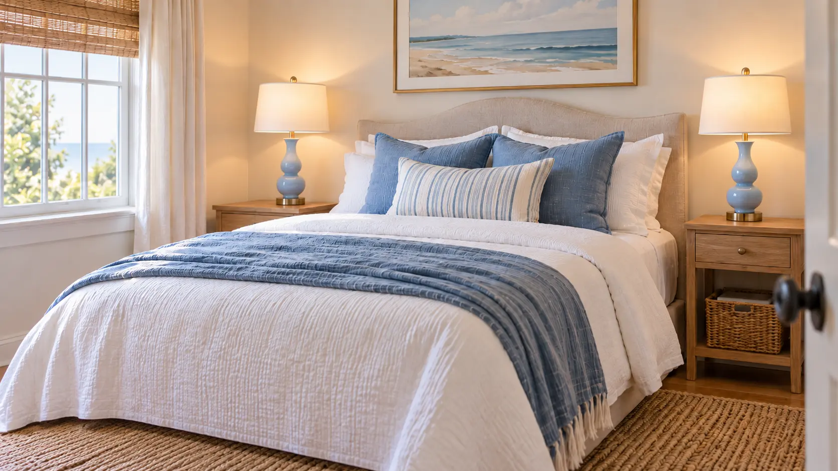 Pair of light blue double-gourd ceramic lamps with white shades on wood nightstands beside a bed with white textured bedding and blue pillows
