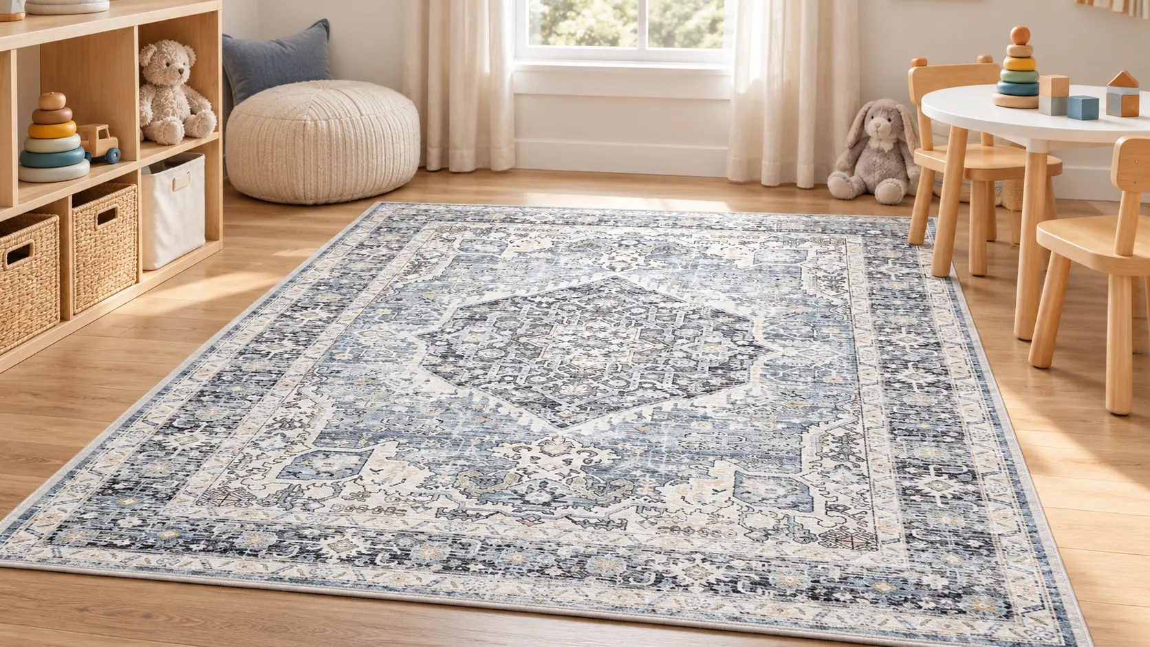 Light blue, gray and ivory vintage-style medallion rug in a bright playroom with wood shelves, a kids table and soft toys