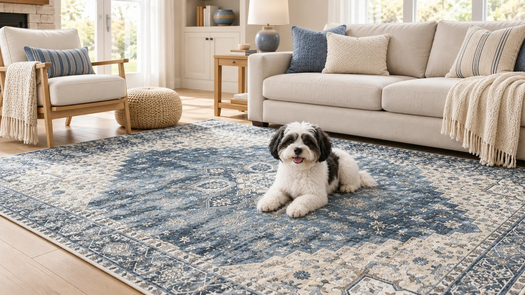 Faded blue and cream vintage-style rug in a bright living room with a cream sofa and wood armchair, a small black and white dog lying on the rug