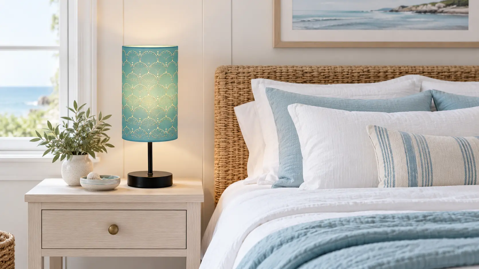 Compact bedside lamp with a teal patterned cylinder shade on a pale wood nightstand beside a bed with white and light blue bedding and a woven headboard
