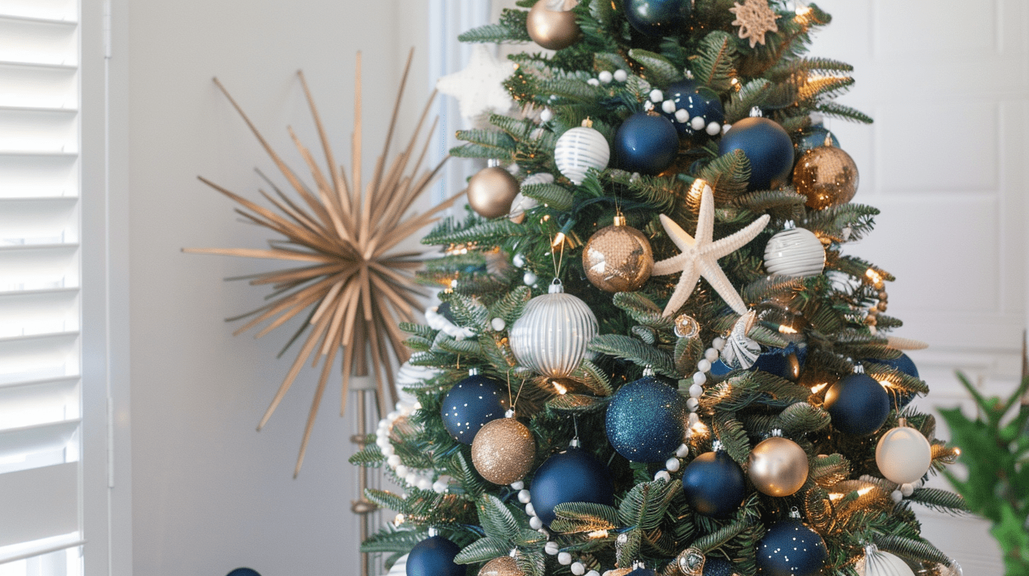 Navy, white and bronze coastal Christmas tree with starfish ornaments