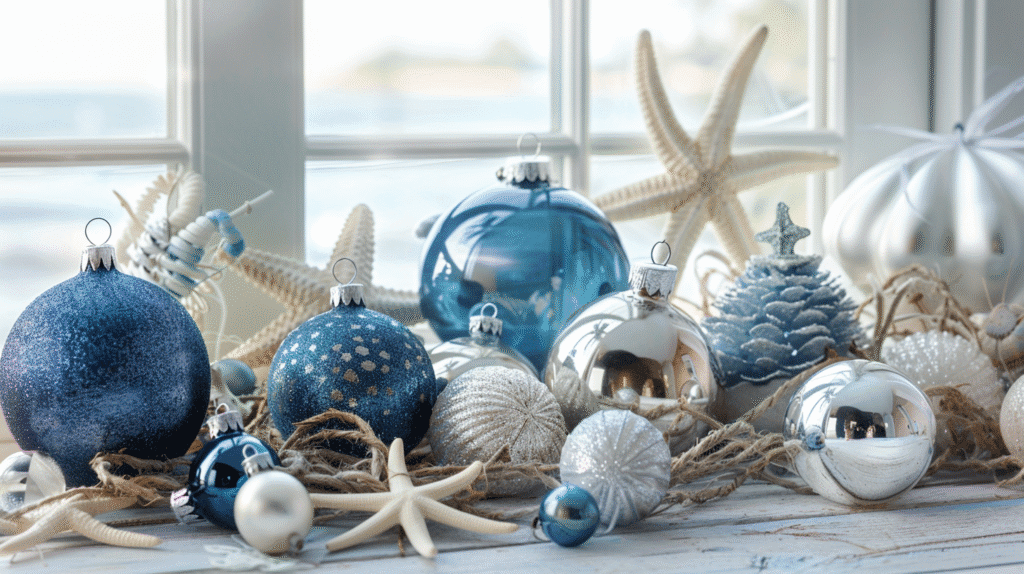 beach christmas ornaments flatlay