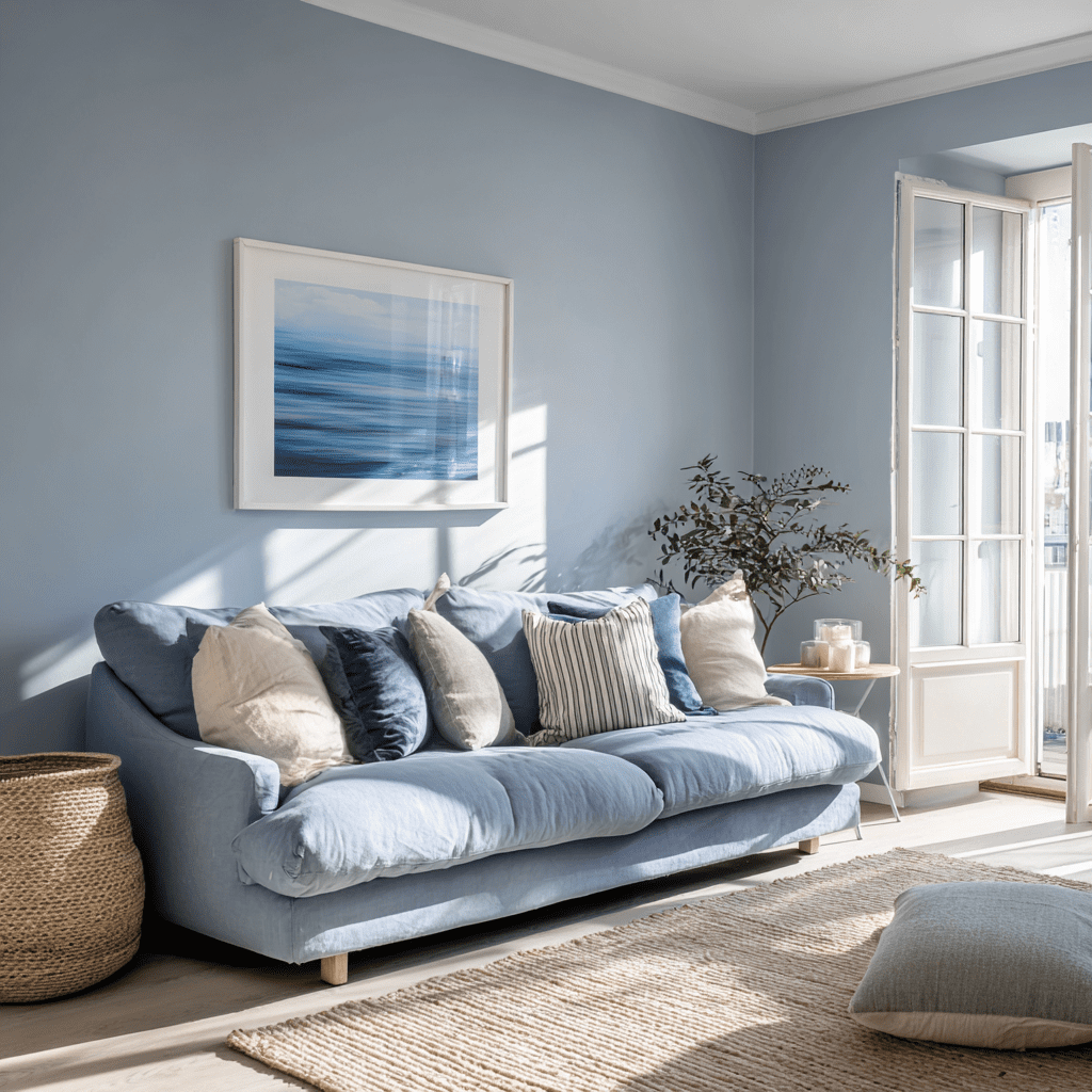 beautiful blue cozy family living room