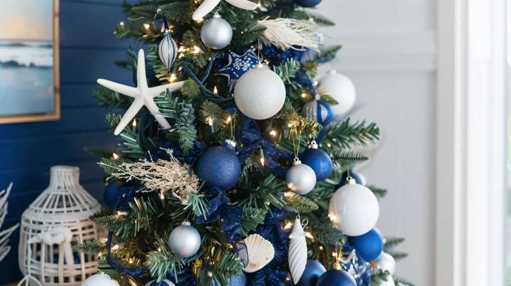 blue coastal christmas tree ornament layering