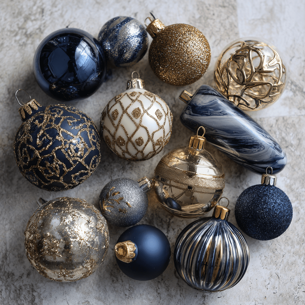 navy gold silver white bronze christmas ornaments