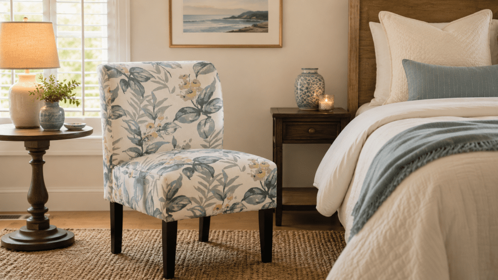 blue accent chair coastal vignette