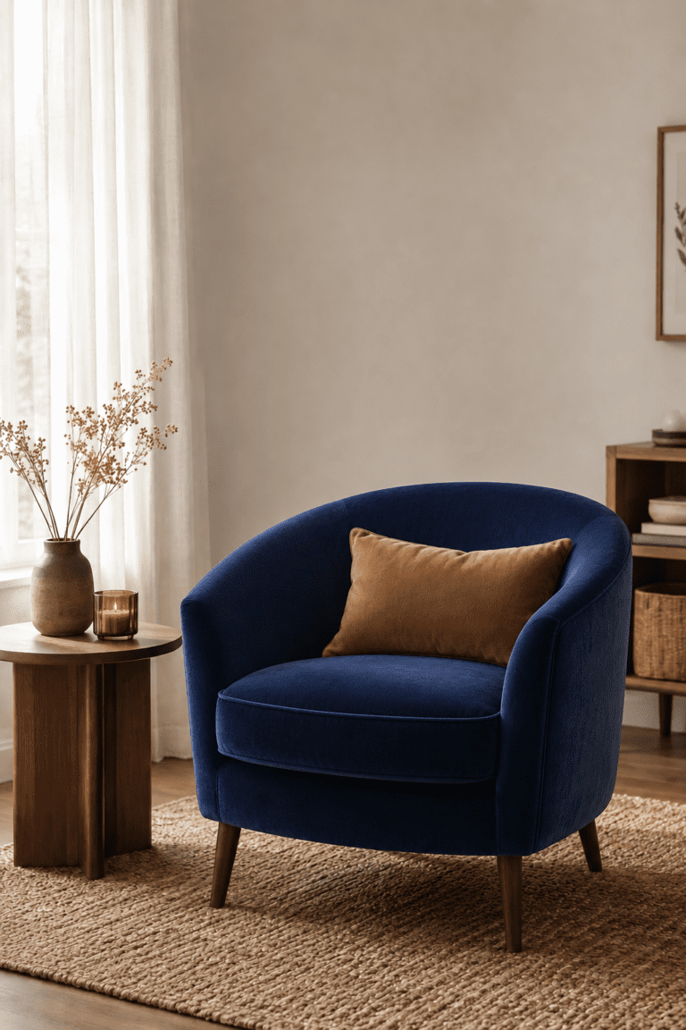 deep blue velvet accent chair in a quiet evening reading corner.