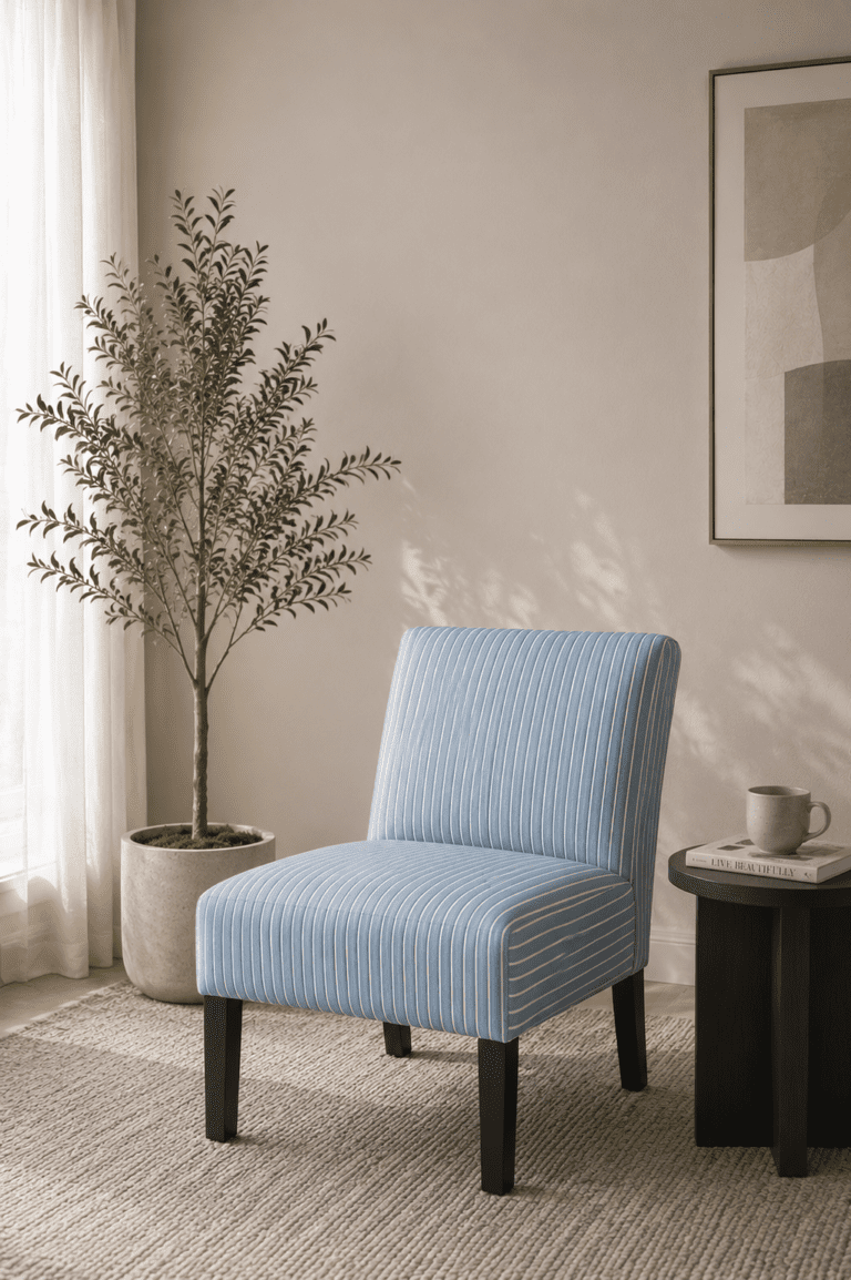 blue stripe upholstered slipper accent chair