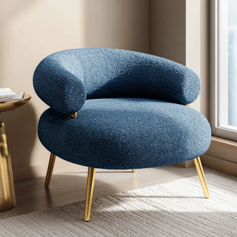 blue curved accent chair boucle fabric