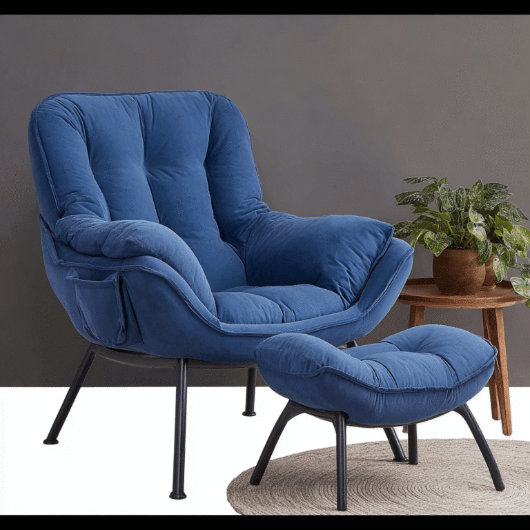 blue lazy chair with ottoman footrest