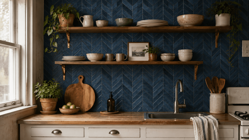 peel and stick blue herringbone backsplash in rental kitchen