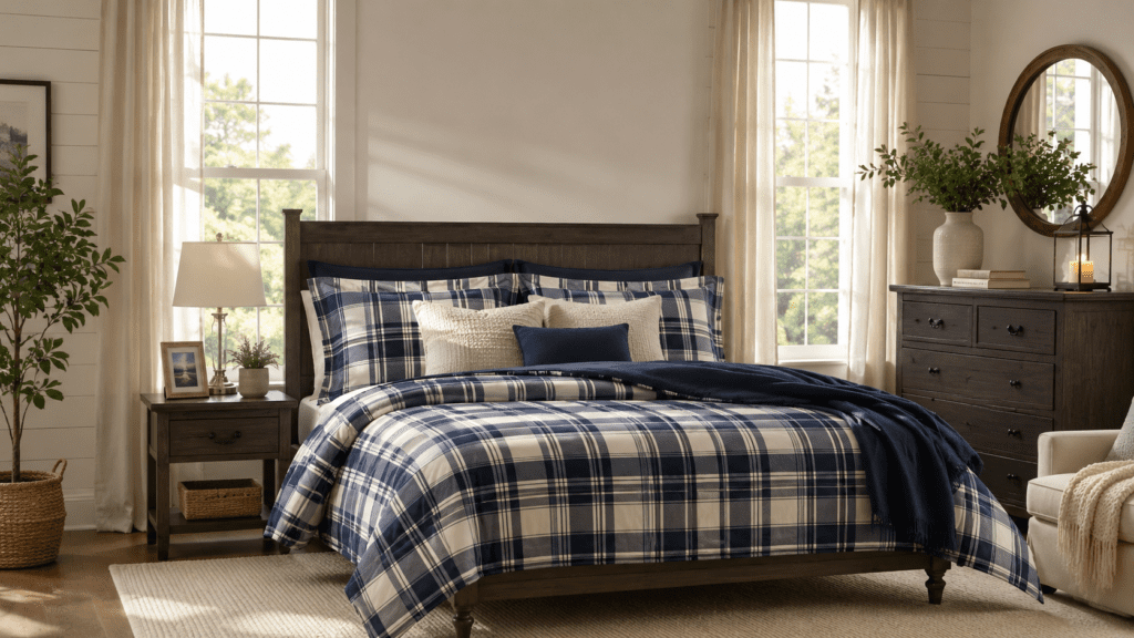 blue comforter set queen Cozy farmhouse bedroom with natural light
