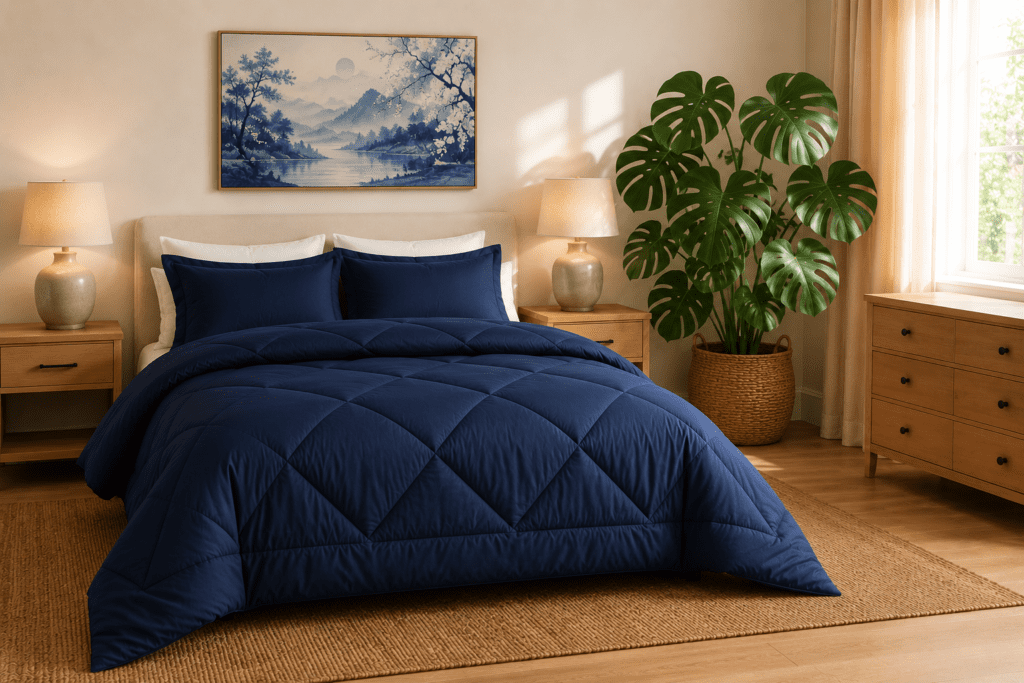 Blue comforter set styled in a warm and inviting guest bedroom