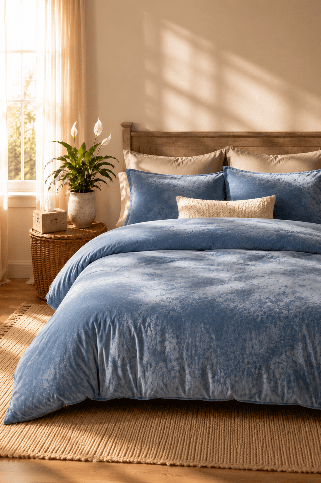 Dusty blue velvet comforter set styled in a cozy bedroom with soft neutral decor and warm textures.